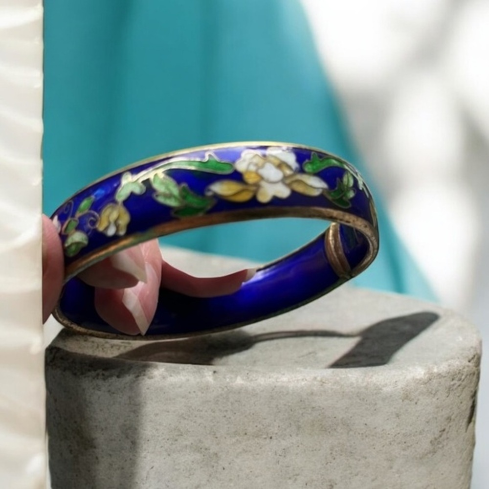 Vintage Blue Cloisonne Enamel Hinged Bracelet